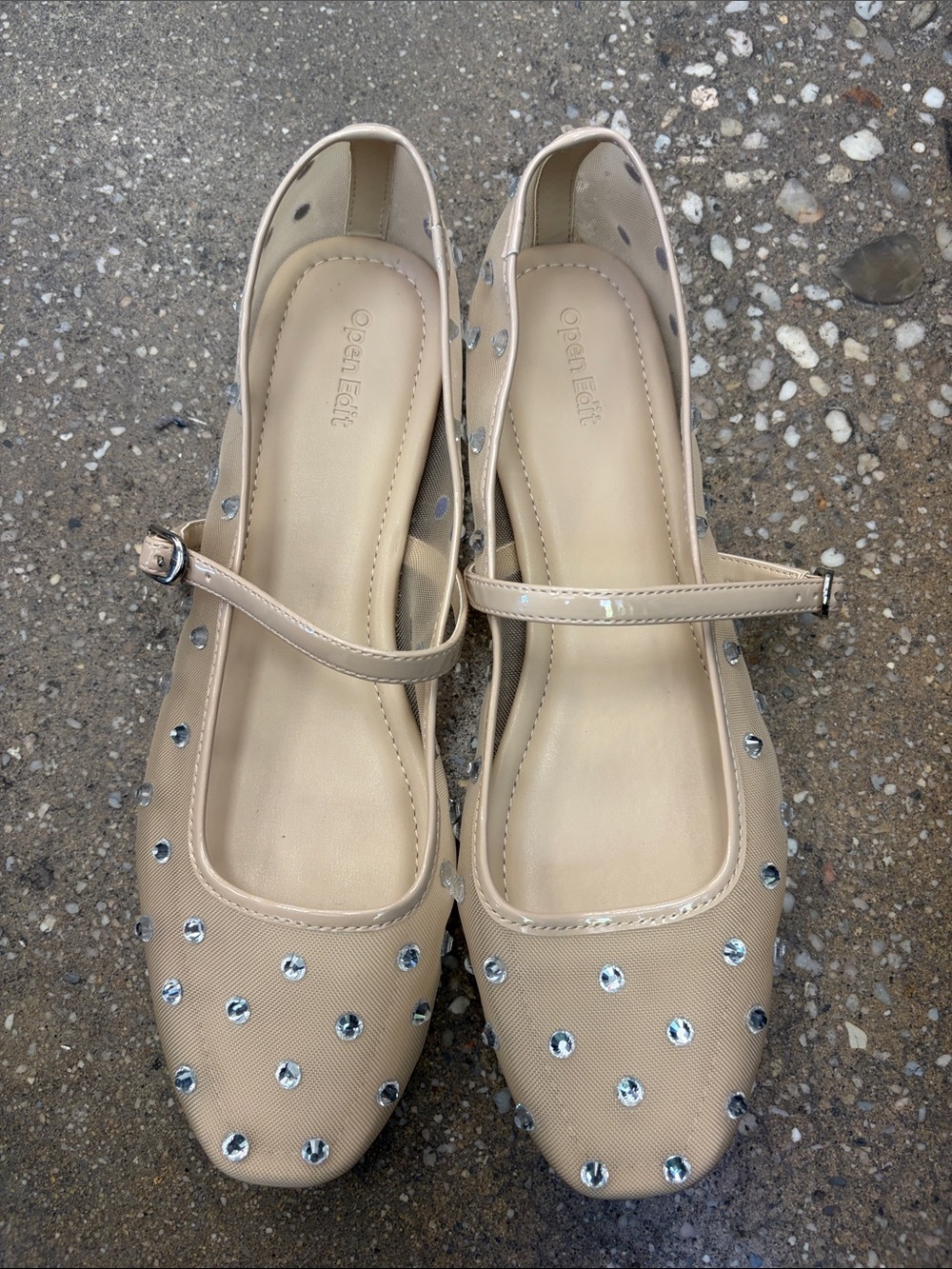 Open Edit Nude Beige Mary Jane Flats with Rhinestone Studs